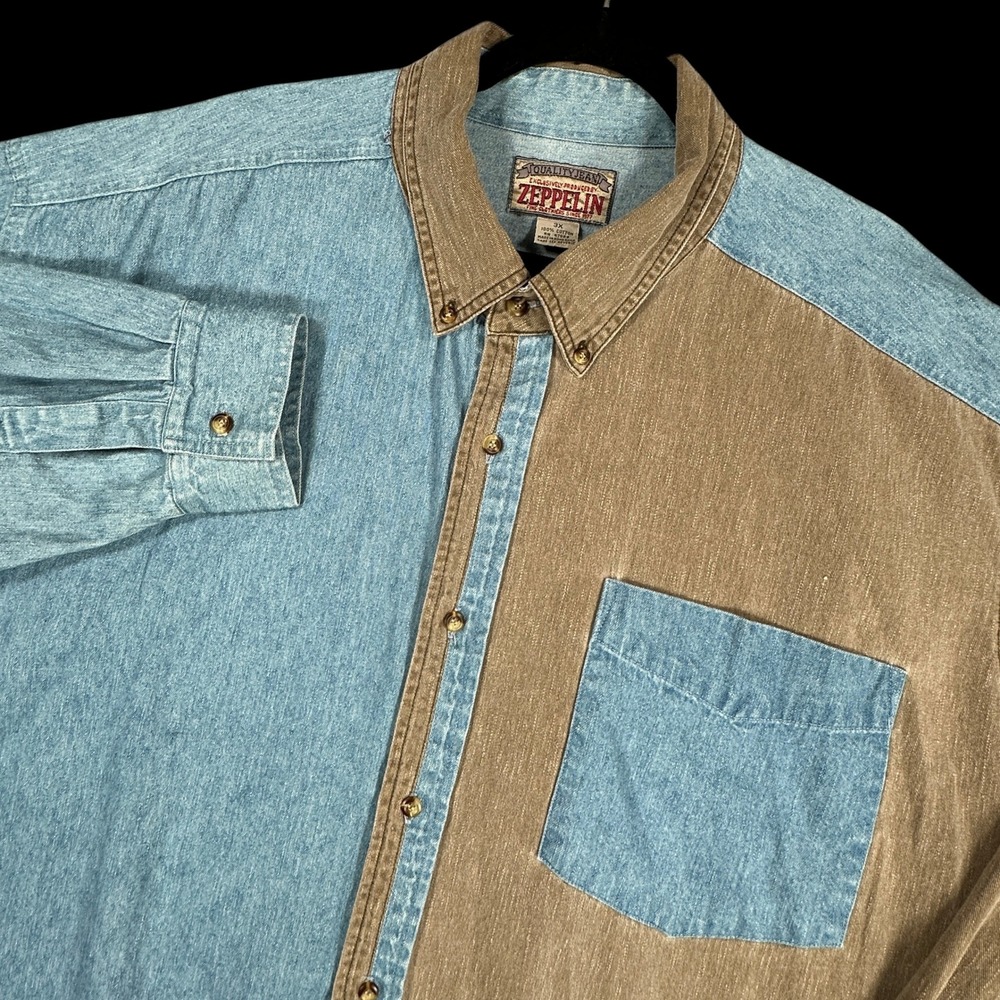 Vintage Zeppelin Colorblock Denim Shirt Mens 3X Blue Brown Cotton Long Sleeve